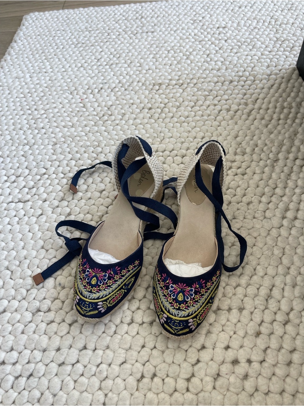 BODEN Women's Navy Embroidered Lace-Up Espadrille Wedges